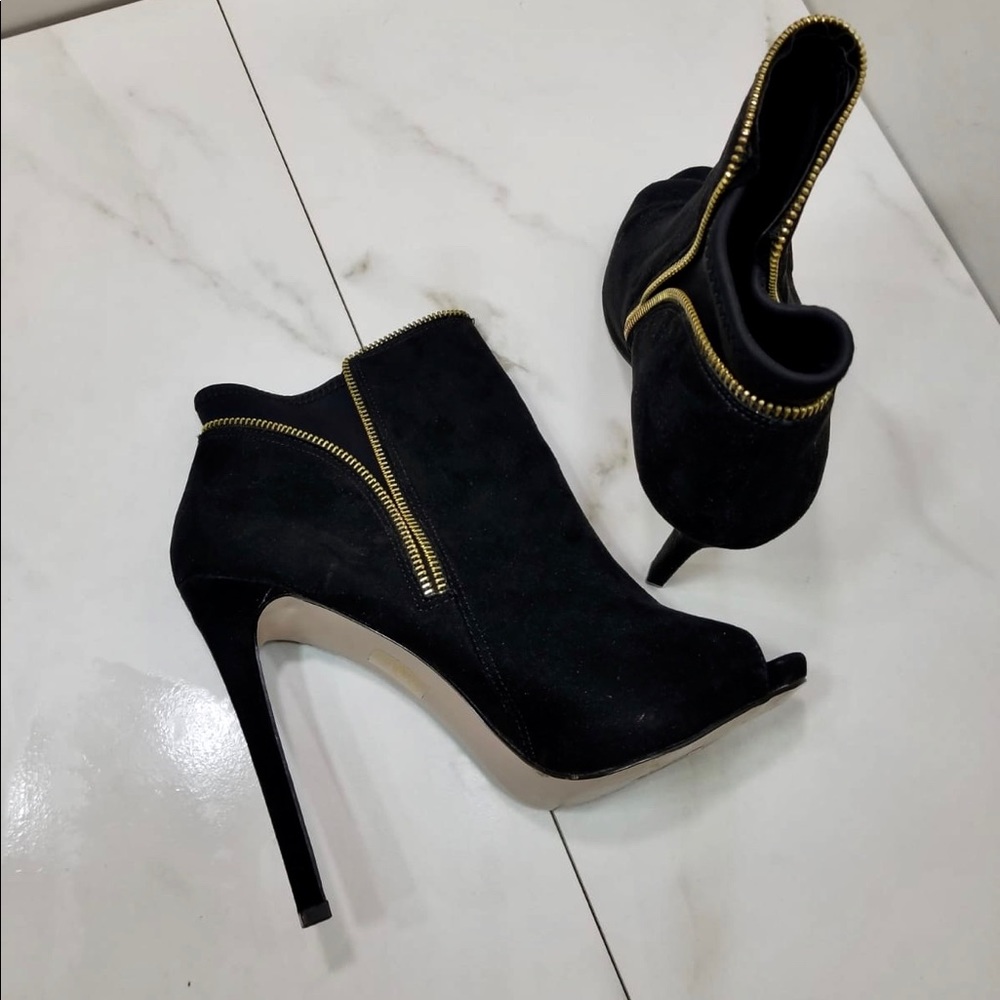 ASOS Suede Open Toe Faux Gold Zip Heels Boots NWOT